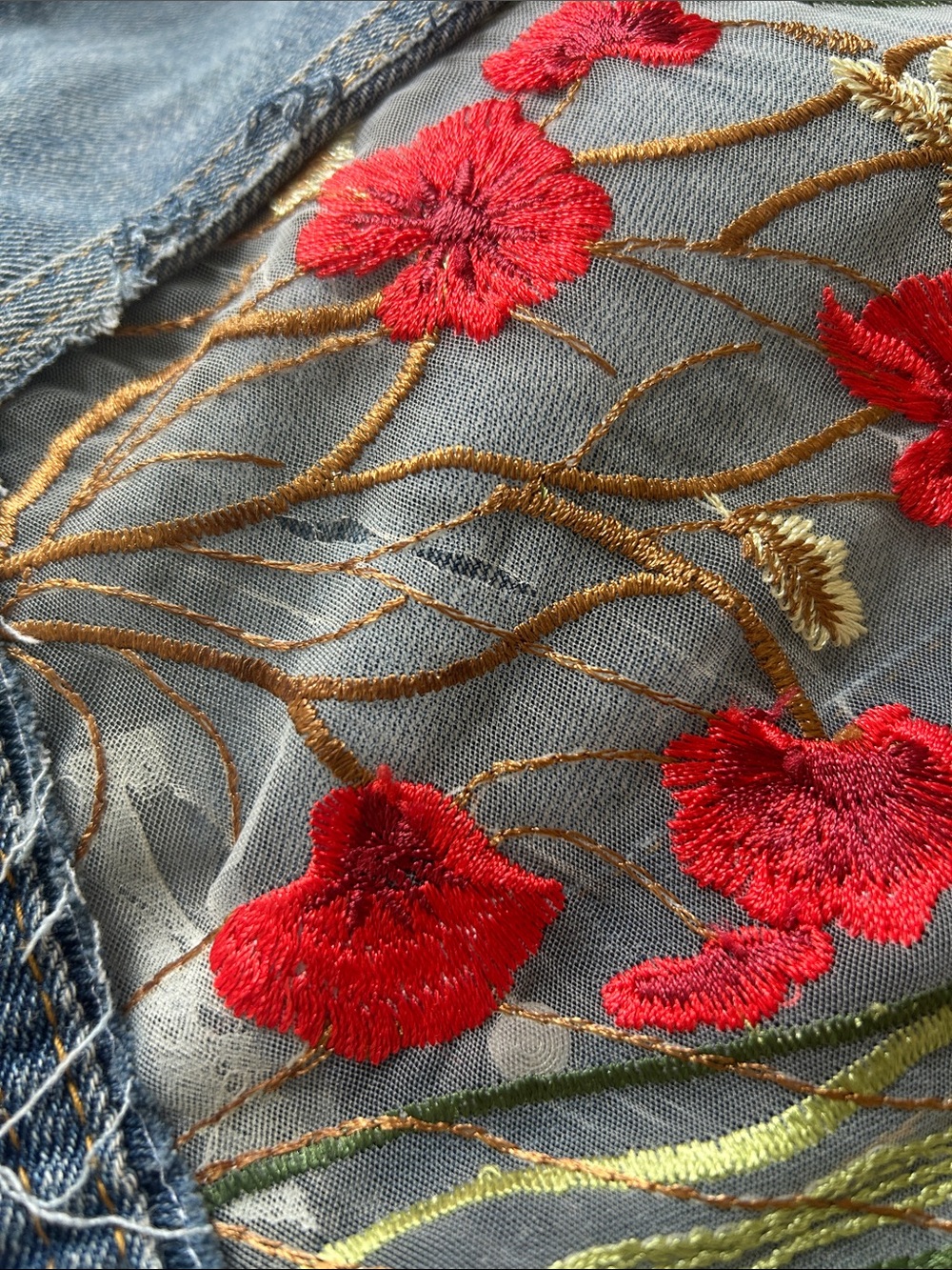 Women’s M upcycled Blue Denim Crop Jacket with Floral Embroidered Back Panel - Picture 11 of 11